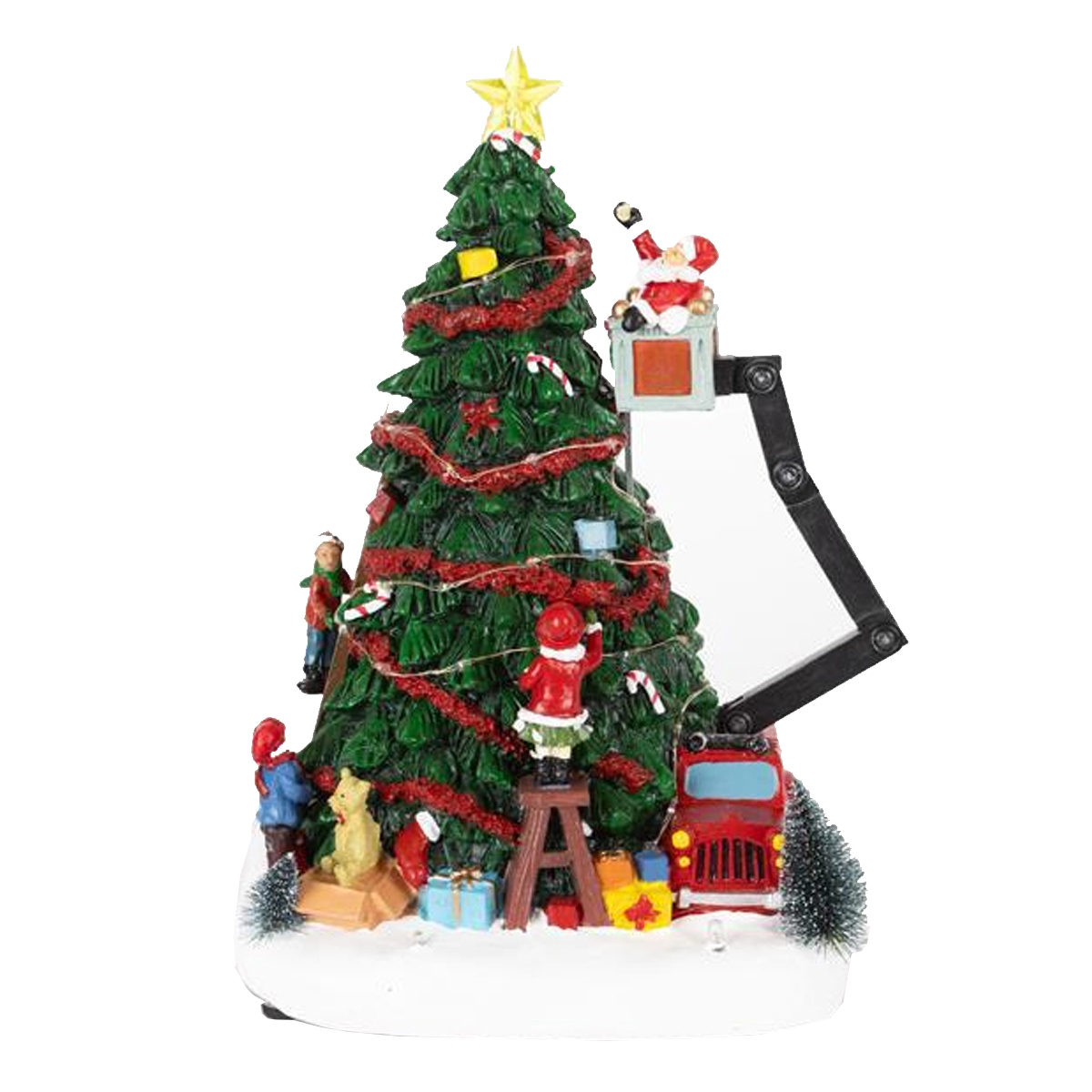 LIGHTED CHRISTMAS TREE WITH SANTA CLAUS ON A CRANE