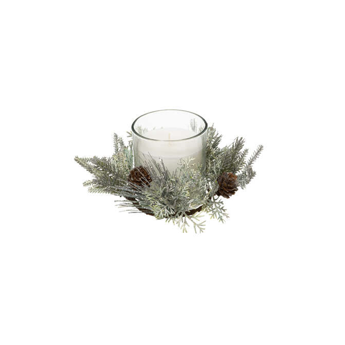 WHITE CANDLE IN JAR WITH CHRISTMAS DECORATION