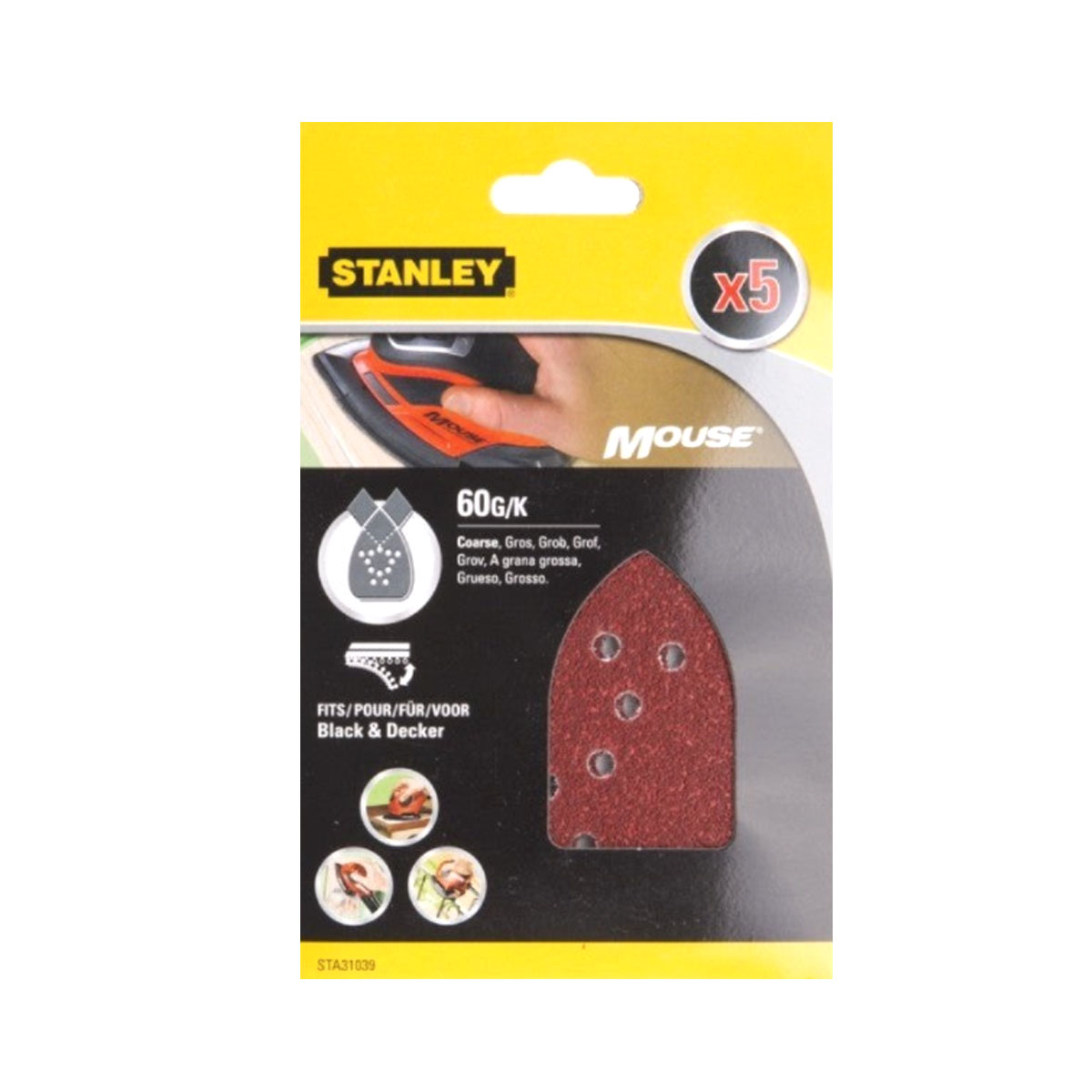 STANLEY SET OF 5 SANDING SHEETS 60GR FOR MOUSE WITH HOLES