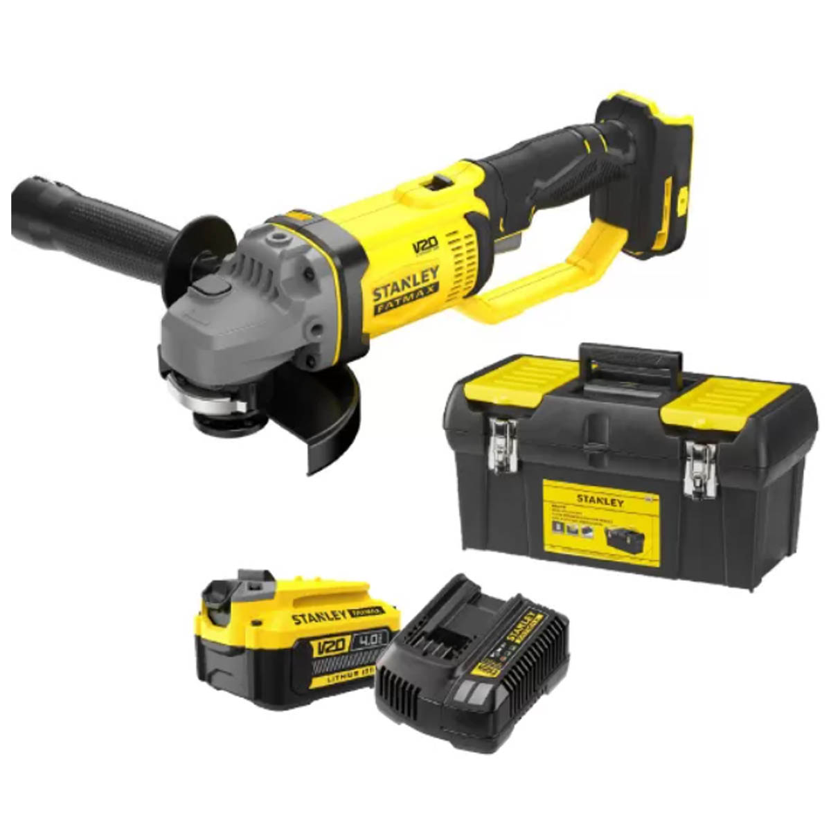 STANLEY SFM V20 ANGLE WHEEL (GRINDER) 125MM 1X4AH BATTERY, CHARGER & TOOLBOX