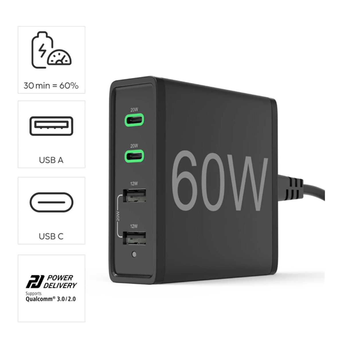 HAMA CHARGER 60W BLACK 4 PORTS