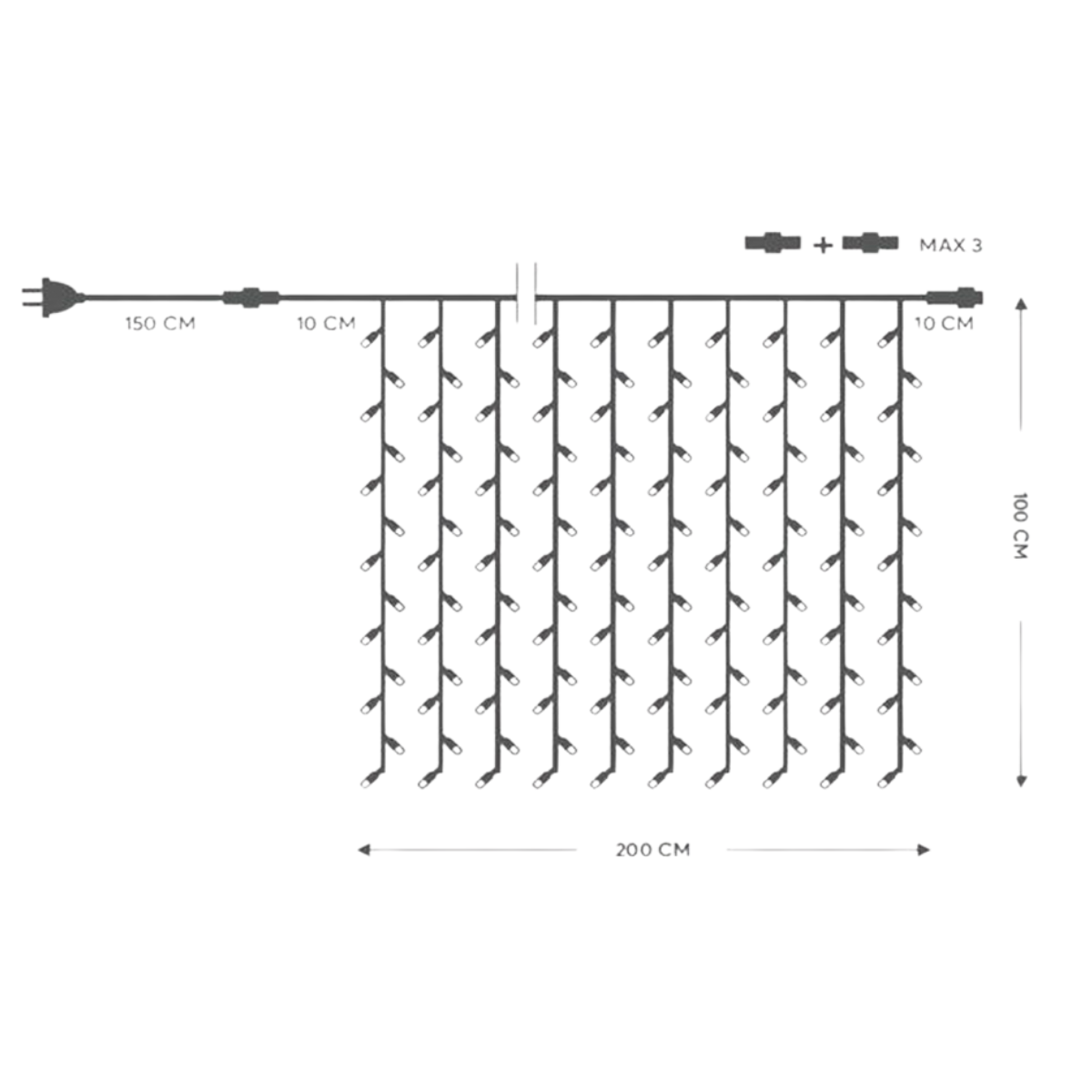 200 LED CHRISTMAS CURTAIN LIGHTS H100 X W200CM WARM WHITE LIGHTING