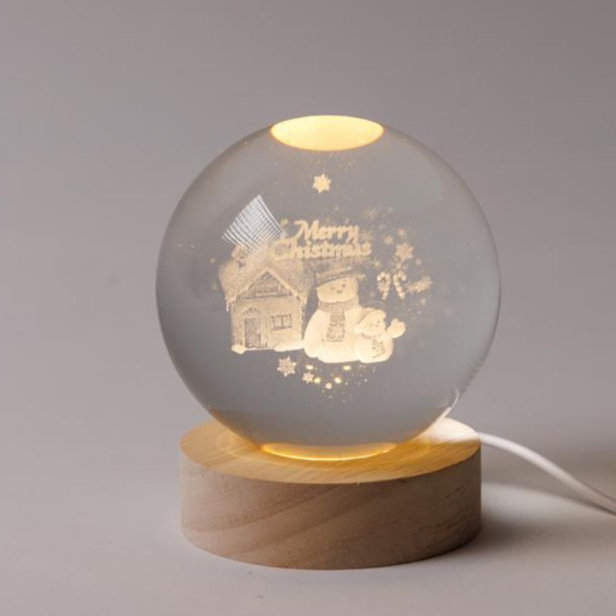 CHRISTMAS LIGHTED BALL 8CM SNOWMAN WITH HOUSE, USB, 6 WARM WHITE SMD LED, BASE 7CM, EXTENSION CABLE 70CM, IP20