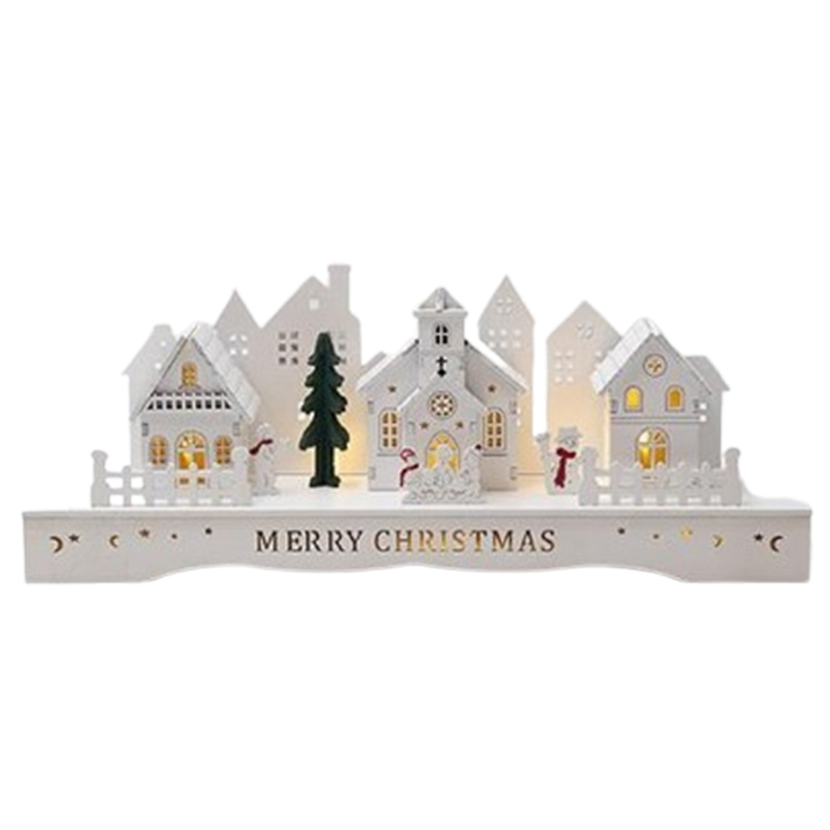 CHRISTMAS WOODEN DISPLAY WITH HOUSES WHITE LIGHTED BATTERY TIMER 33X8X12.5CM
