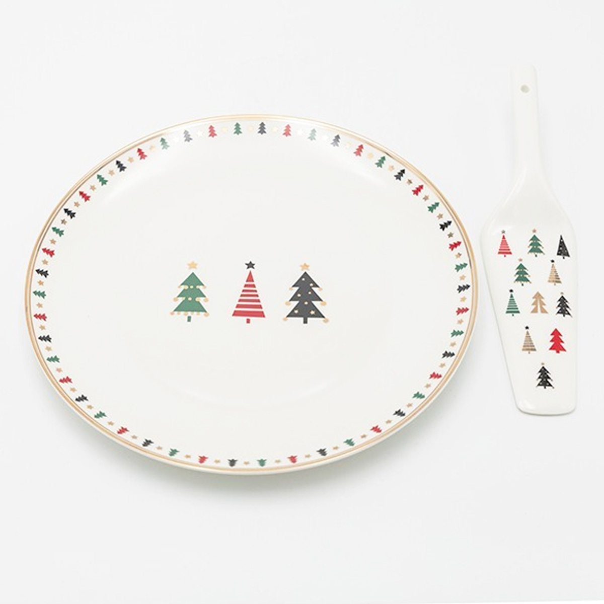 CHRISTMAS PLATE WITH SPATULA WITH COLORFUL TREES, 26.70CM