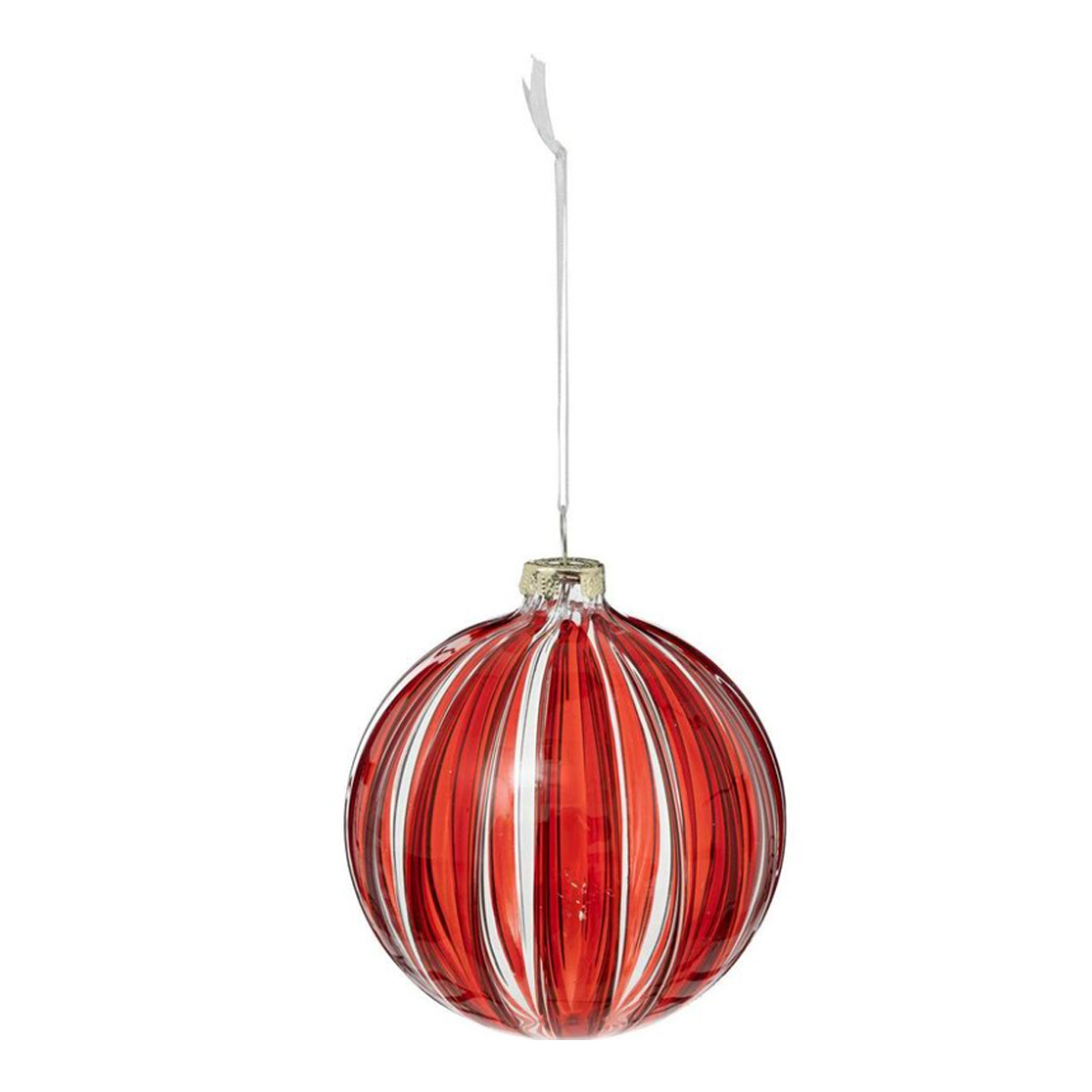 CHRISTMAS HANGING GLASS BALL WITH RED STRIPES 80MM