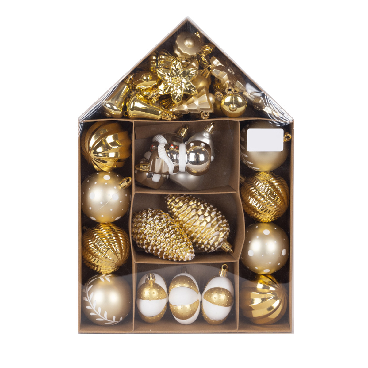 CHRISTMAS PLASTIC ORNAMENTS, GOLD WHITE, VARIOUS DESIGNS, SET OF 37PCS
