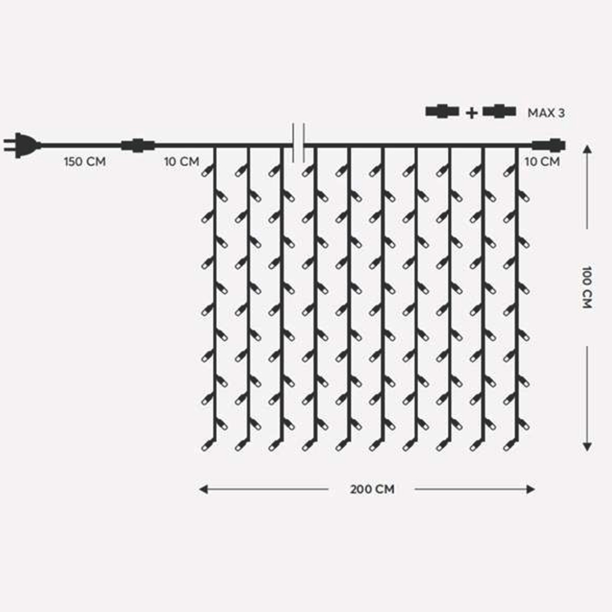 200 LED CHRISTMAS CURTAIN LIGHTS H100 X W200CM WHITE LIGHT