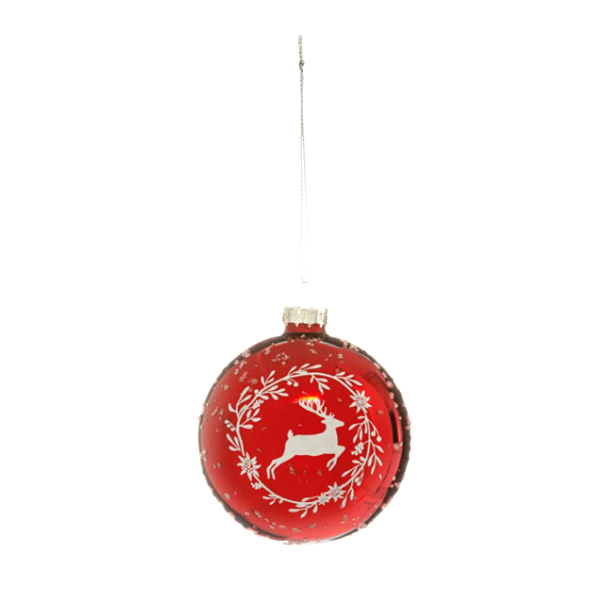 CHRISTMAS GLASS BALL WITH EXTERNAL RED REINDEER