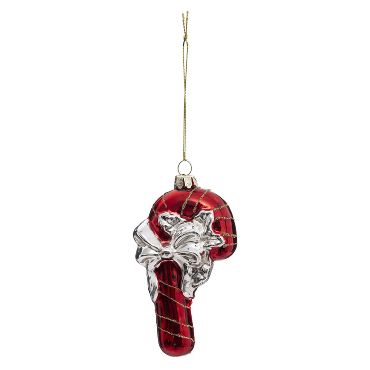 HANGING GLASS LOLLIPOP CANE ORNAMENT WITH BOW 13CM