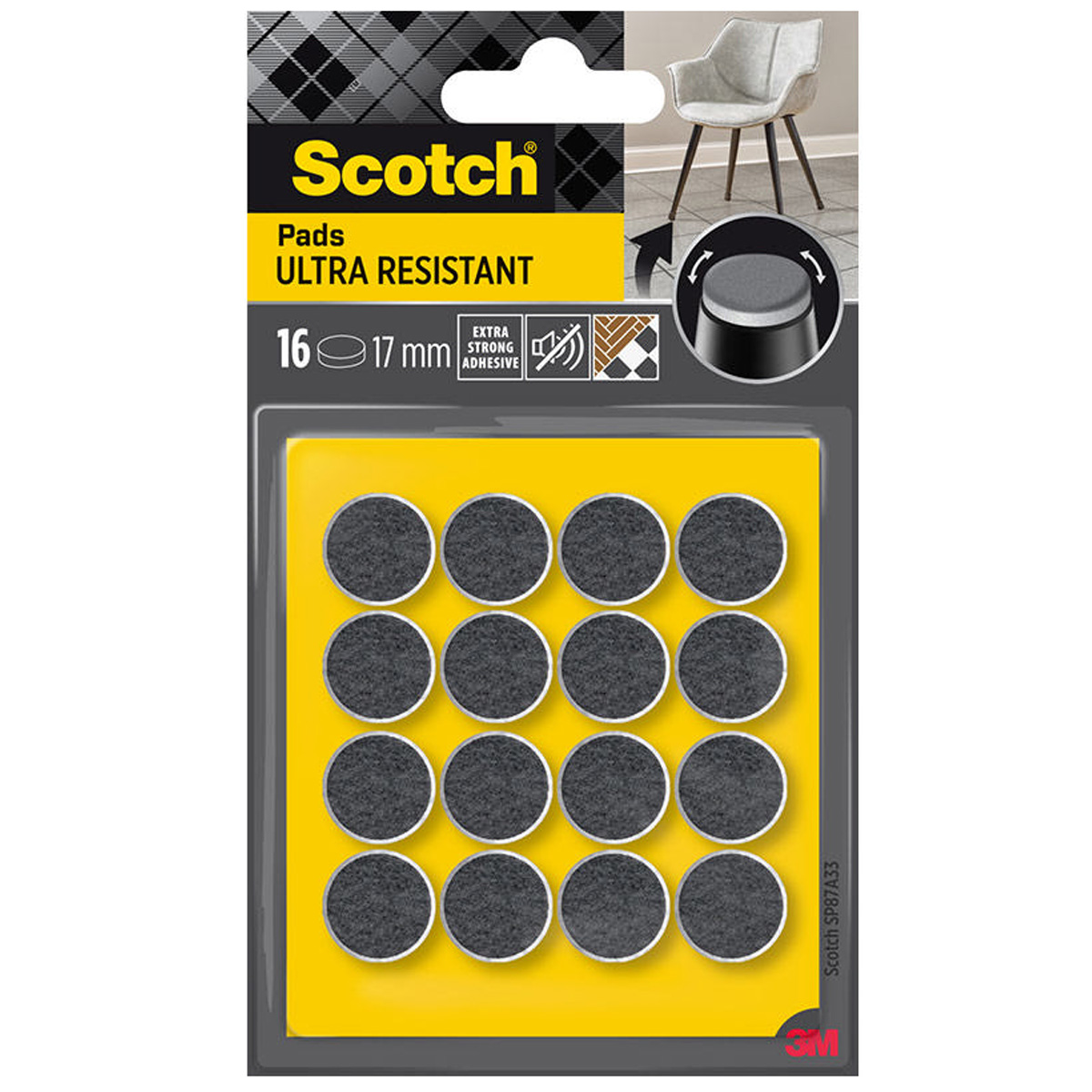 3M SCOTCH ULTRA RESISTANT SELF-ADHESIVE FELT FURNITURE PADS 1.7CM GREY/WHITE 16PCS