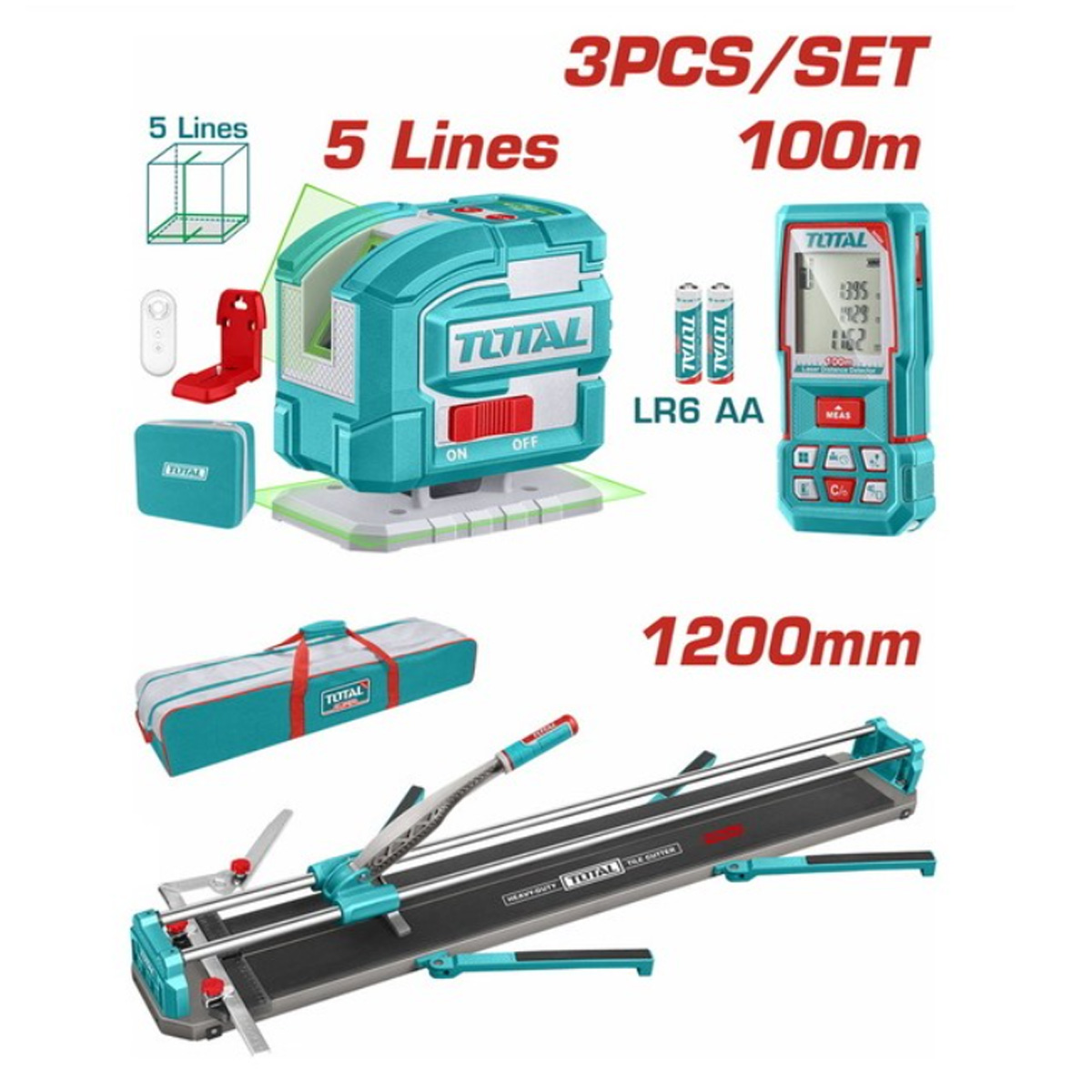 TOTAL 3PCS TILE CUTTING SET 1200MM WITH LASER LEVEL 35M AND LASER DISTANCE METER 100M TOS250911