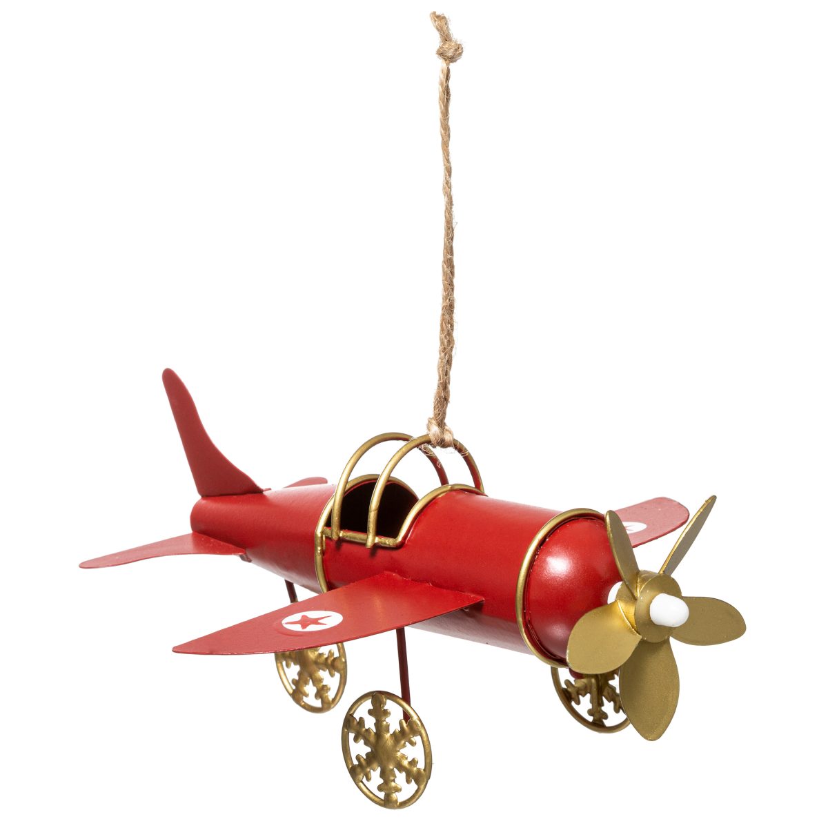 CHRISTMAS HANGING AIRPLANE RED WITH GOLD 13.5X15CM