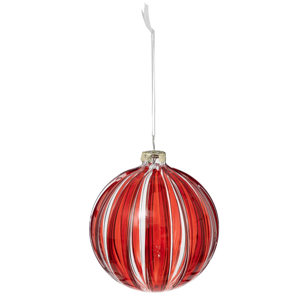 CHRISTMAS HANGING GLASS BALL WITH RED STRIPES 80MM