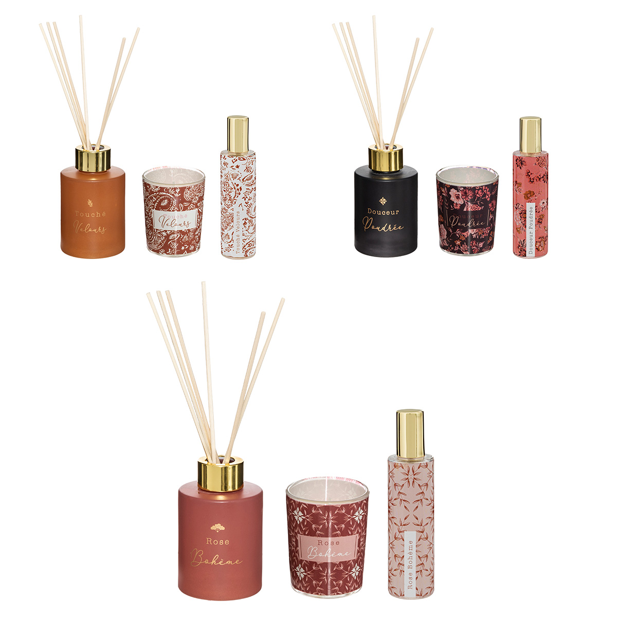FRAGRANCE SET LIQUID WITH STICKS, SPRAY AND CANDLE