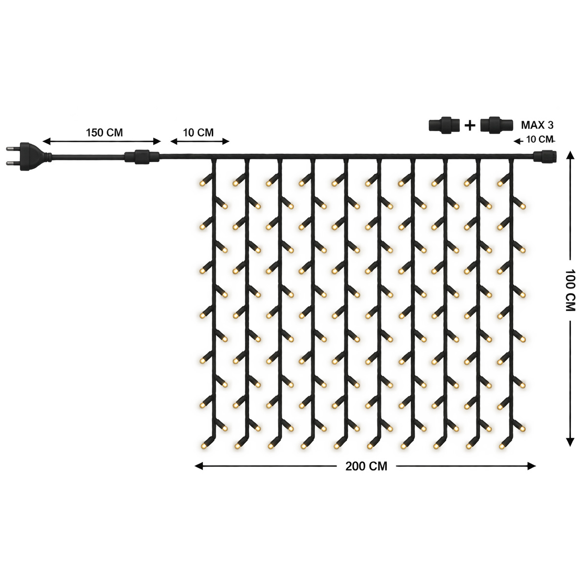 200 LED CHRISTMAS CURTAIN LIGHTS H100 X W200CM WARM WHITE LIGHTING - Image 2
