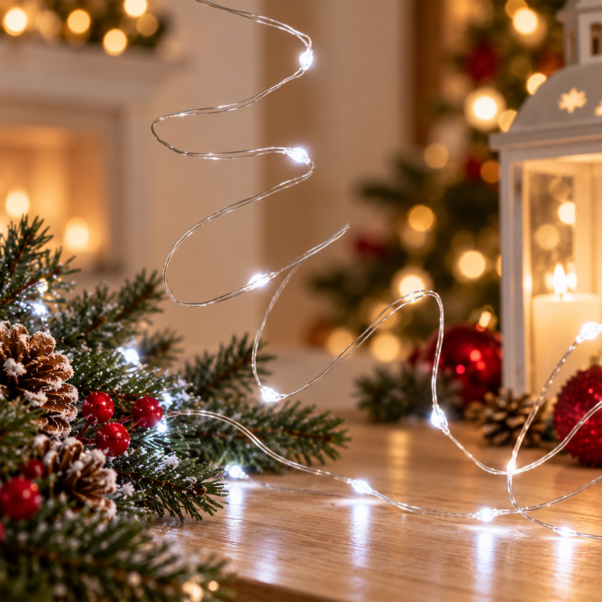 BATTERY-OPERATED CHRISTMAS STRING LIGHTS ON SILVER-COLOURED COPPER WIRE WITH COOL WHITE LIGHTS 20LED - Image 2