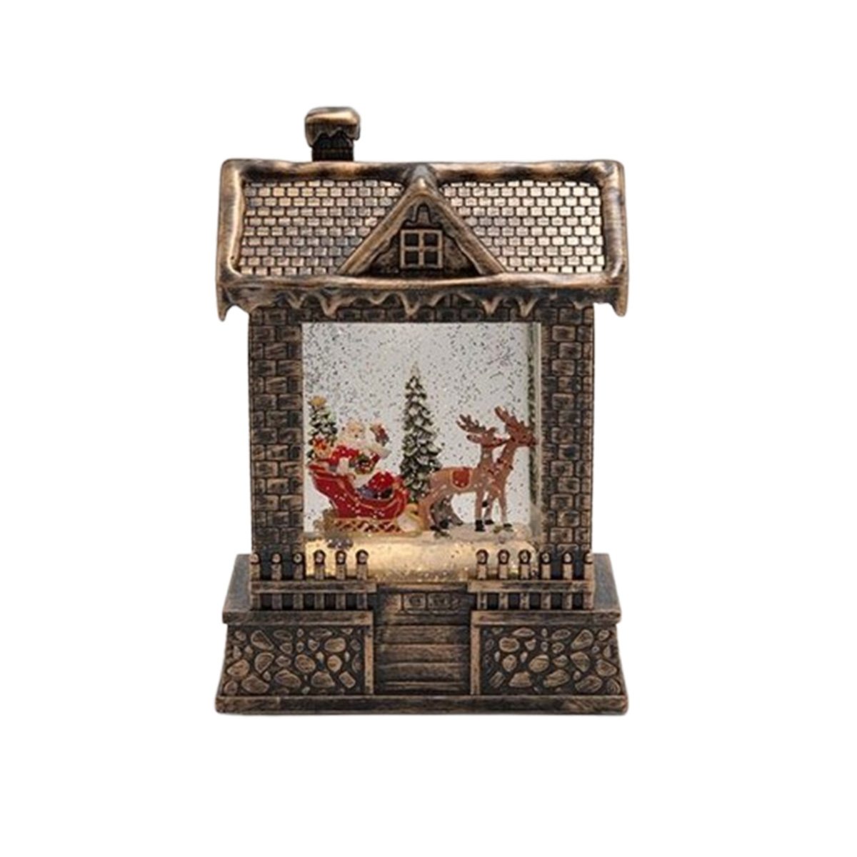 CHRISTMAS HOUSE WITH SANTA CLAUS AND SLED, WITH WATER INSIDE, ILLUMINATED, BATTERY, TIMER, 15X8X21.5CM