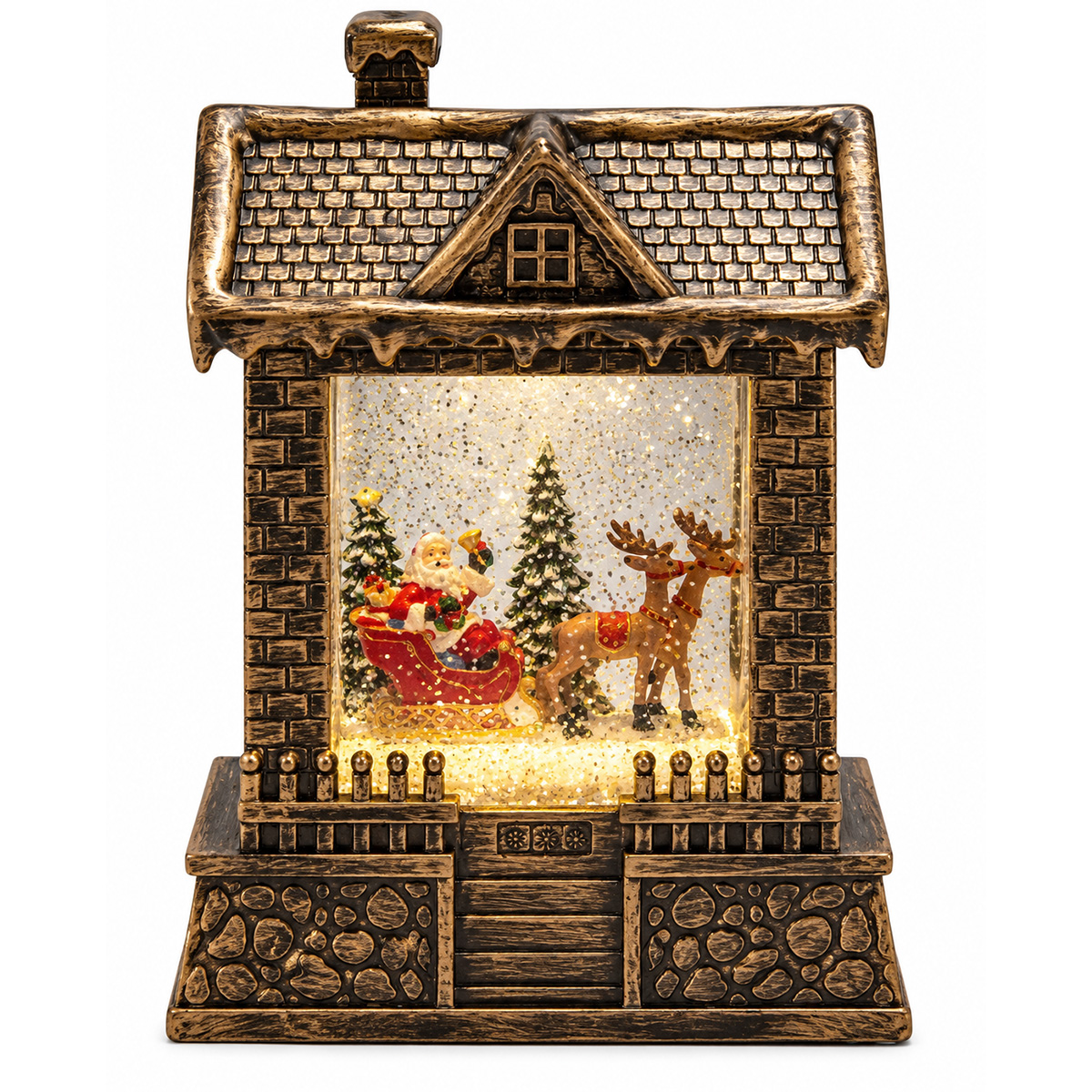 CHRISTMAS HOUSE WITH SANTA CLAUS AND SLED, WITH WATER INSIDE, ILLUMINATED, BATTERY, TIMER, 15X8X21.5CM