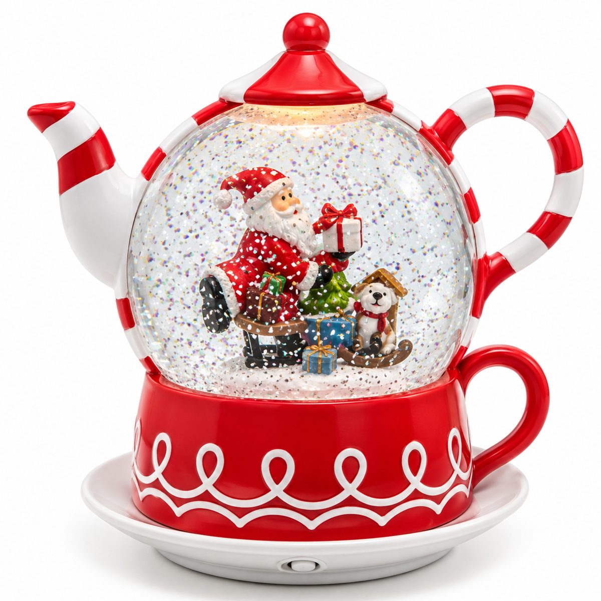 CHRISTMAS LIGHTED TEAPOWER WITH SANTA CLAUS CANDY WITH WATER INSIDE BATTERY OPERATED TIMER 19X15X19CM
