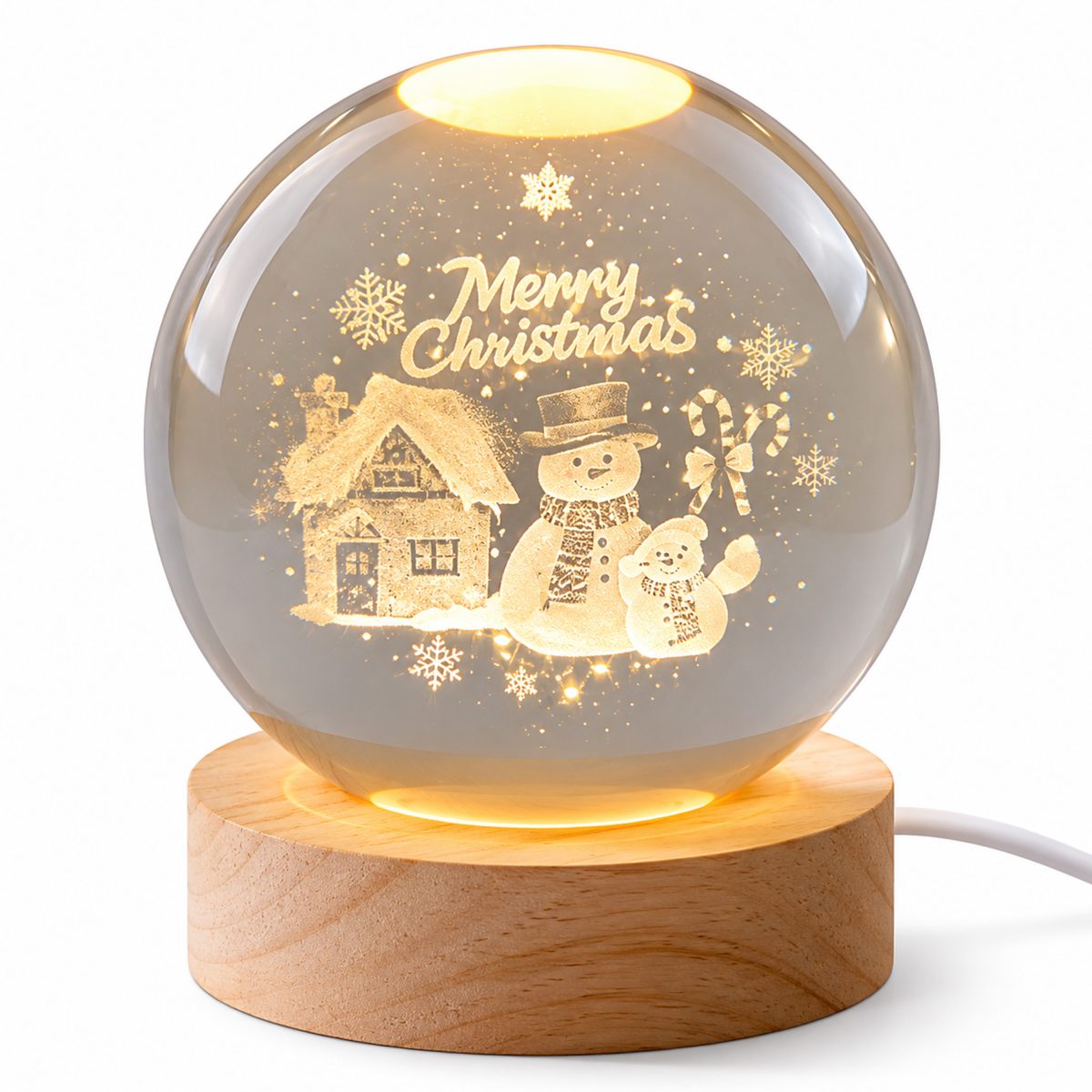 CHRISTMAS LED LIGHT-UP BALL WITH SNOWMAN AND HOUSE, USB 8CM