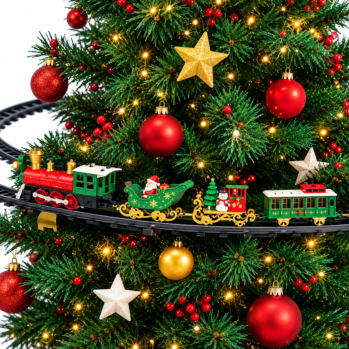 CHRISTMAS TREE TRAIN SET WITH TREE-MOUNTED TRACK, MUSIC & BATTERY OPERATION, 34 PIECES, 276CM TRACK - Image 2