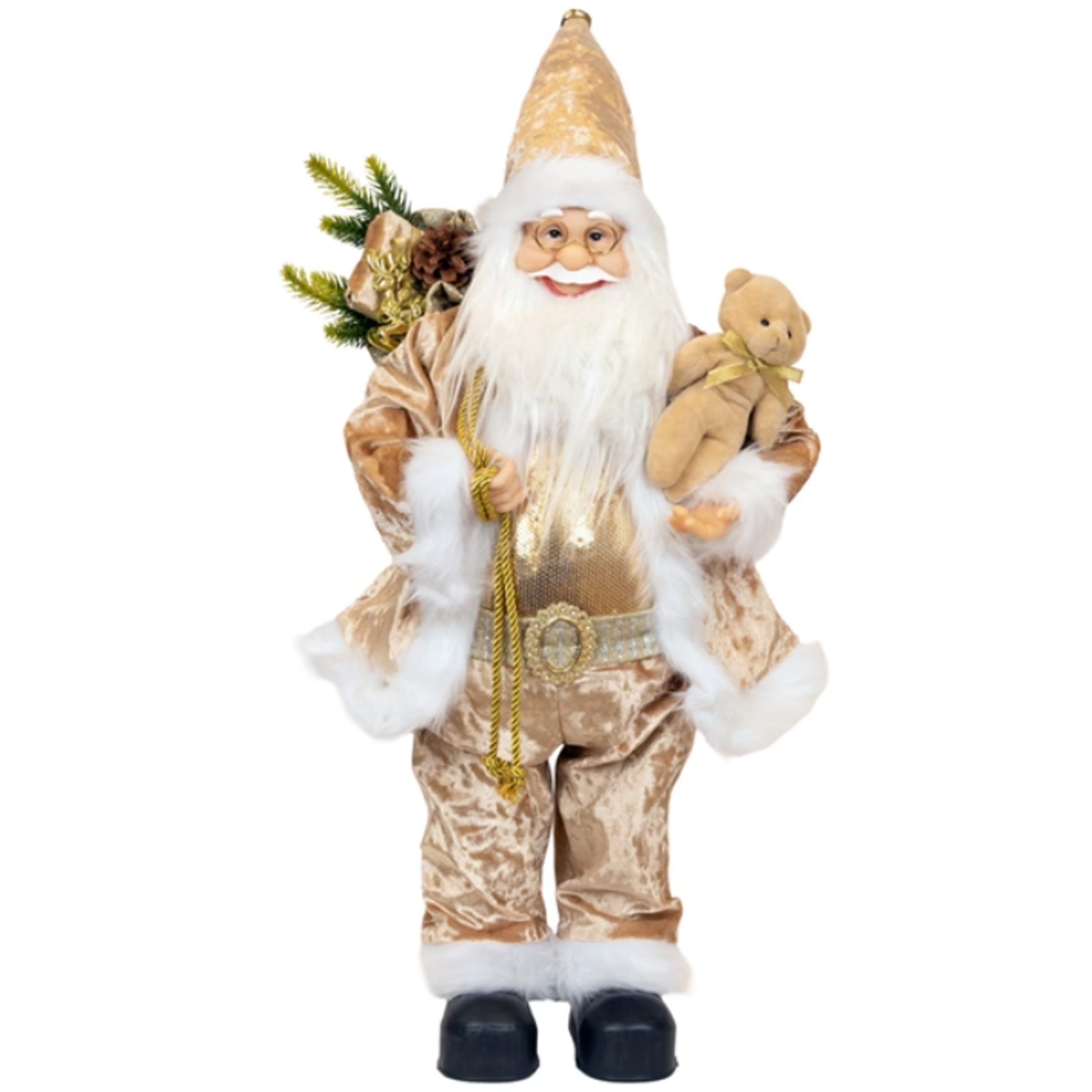 SANTA CLAUS WITH CHAMPAGNE, CLOTHES AND TEDDY BEAR 45CM