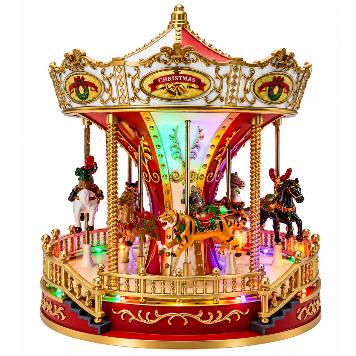 CHRISTMAS CAROUSEL RED AND WHITE WITH MUSIC AND MOVEMENT BATTERY OPERATED 23.5X23.5X28CM