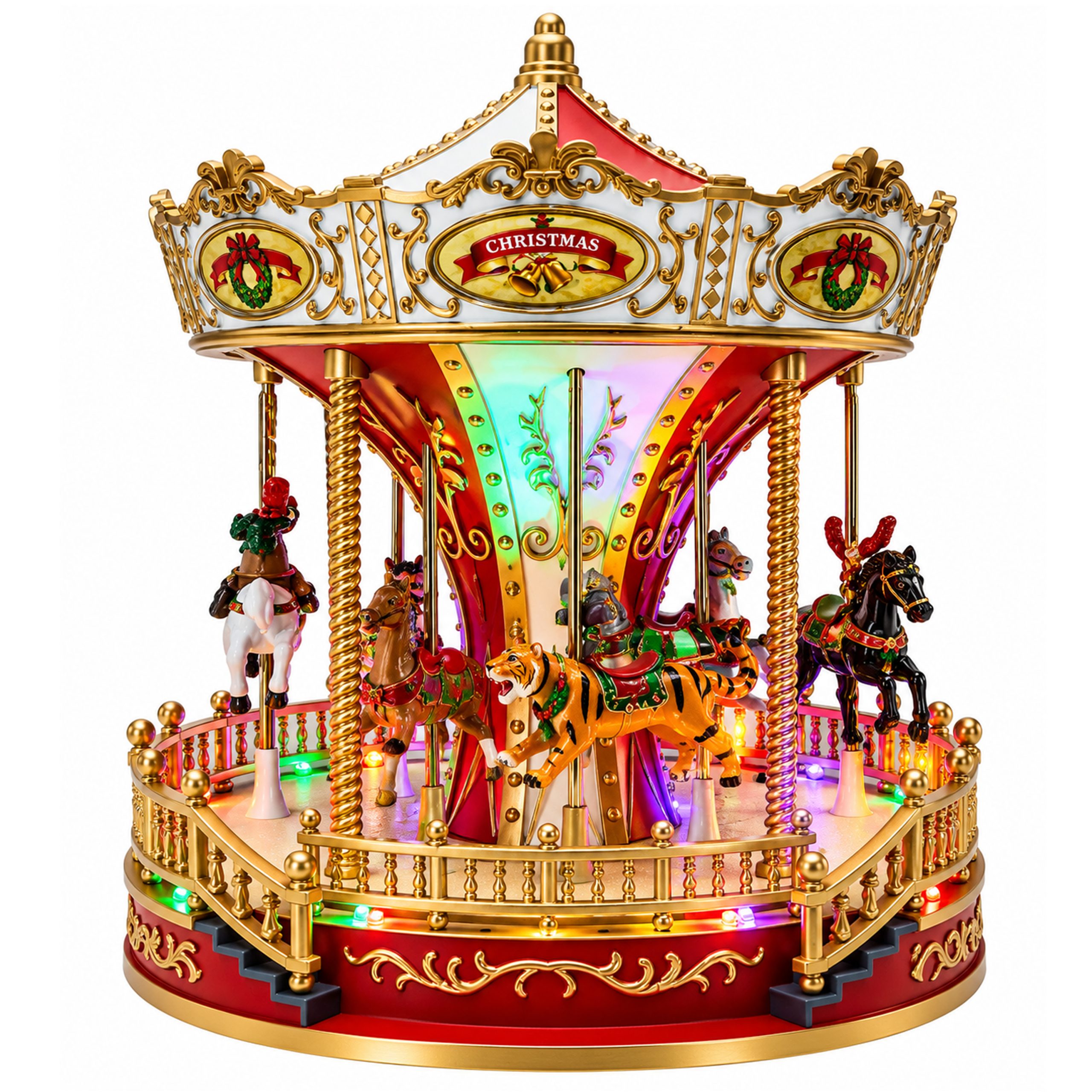 CHRISTMAS CAROUSEL RED AND WHITE WITH MUSIC AND MOVEMENT BATTERY OPERATED 23.5X23.5X28CM