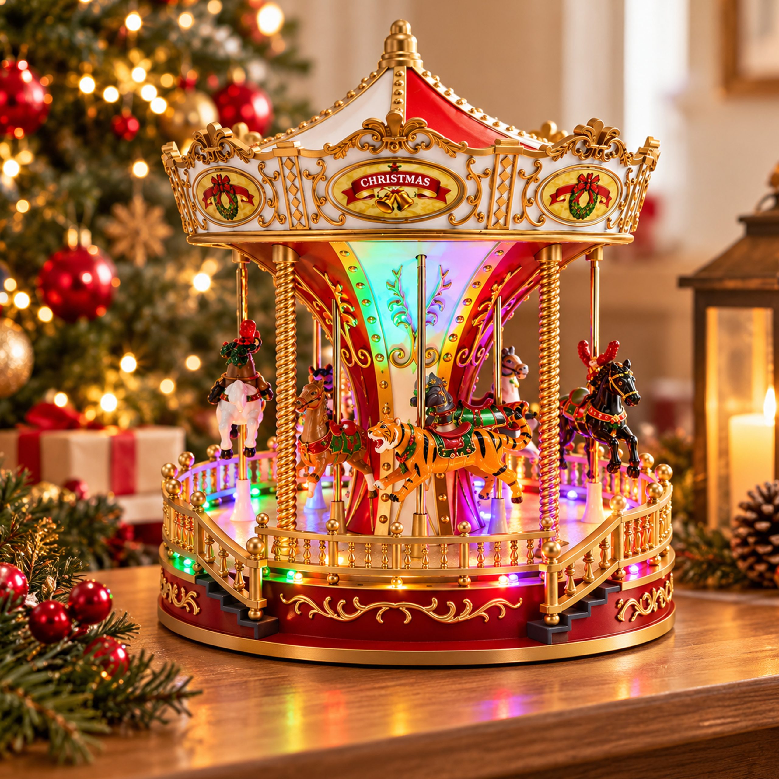 CHRISTMAS CAROUSEL RED AND WHITE WITH MUSIC AND MOVEMENT BATTERY OPERATED 23.5X23.5X28CM - Image 2