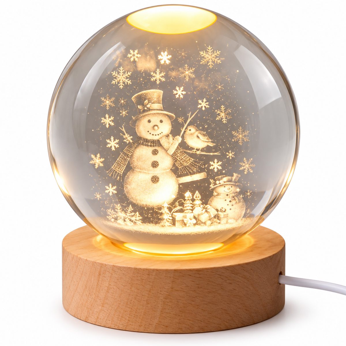 CHRISTMAS LIGHT-UP BALL WITH SNOWMAN AND GIFTS DESIGN, USB, 6 WARM WHITE SMD LED, 7CM BASE, 70CM LEAD CABLE, IP20 8CM