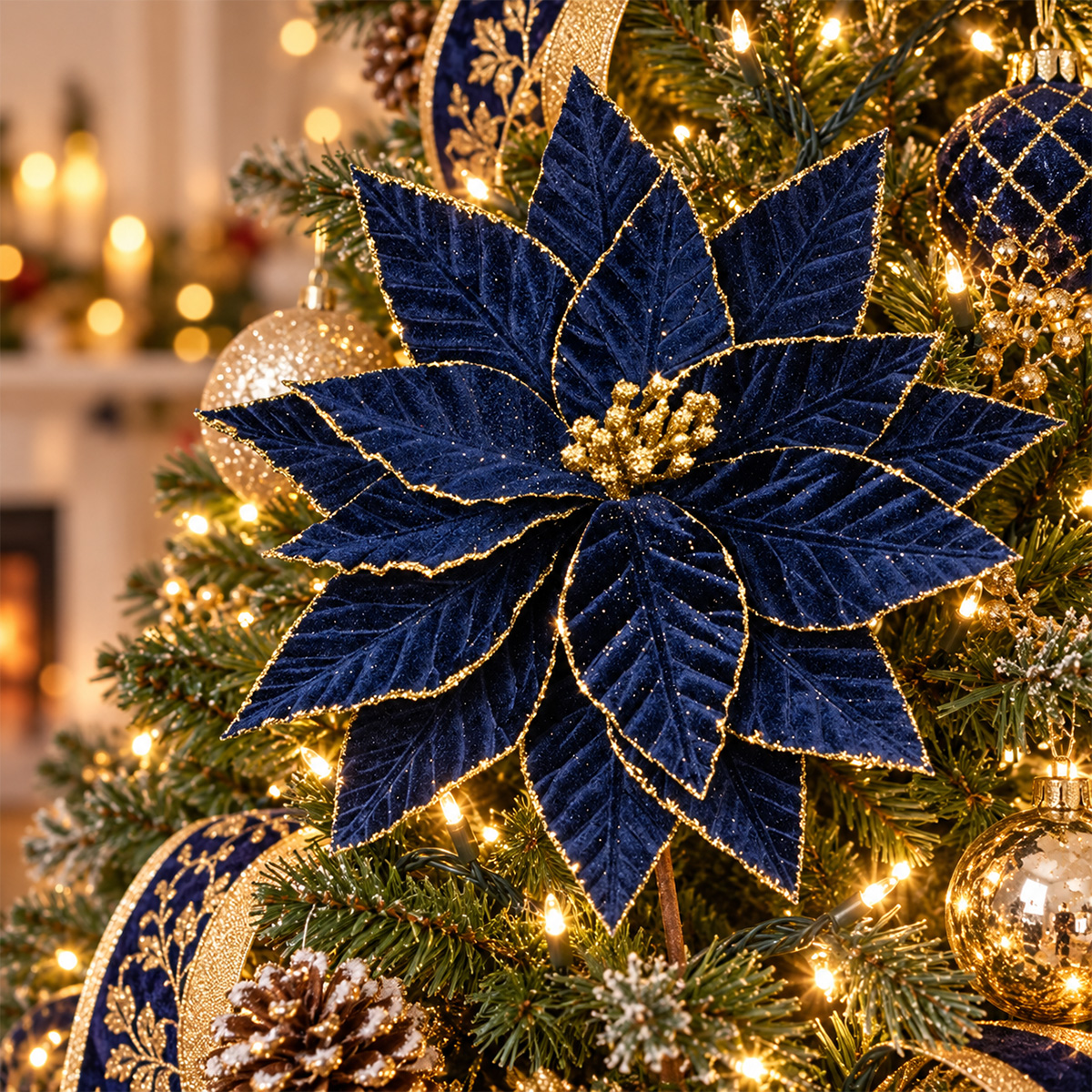 DEEP BLUE VELVET FLOWER WITH GOLD DETAILS 30X45CM - Image 2