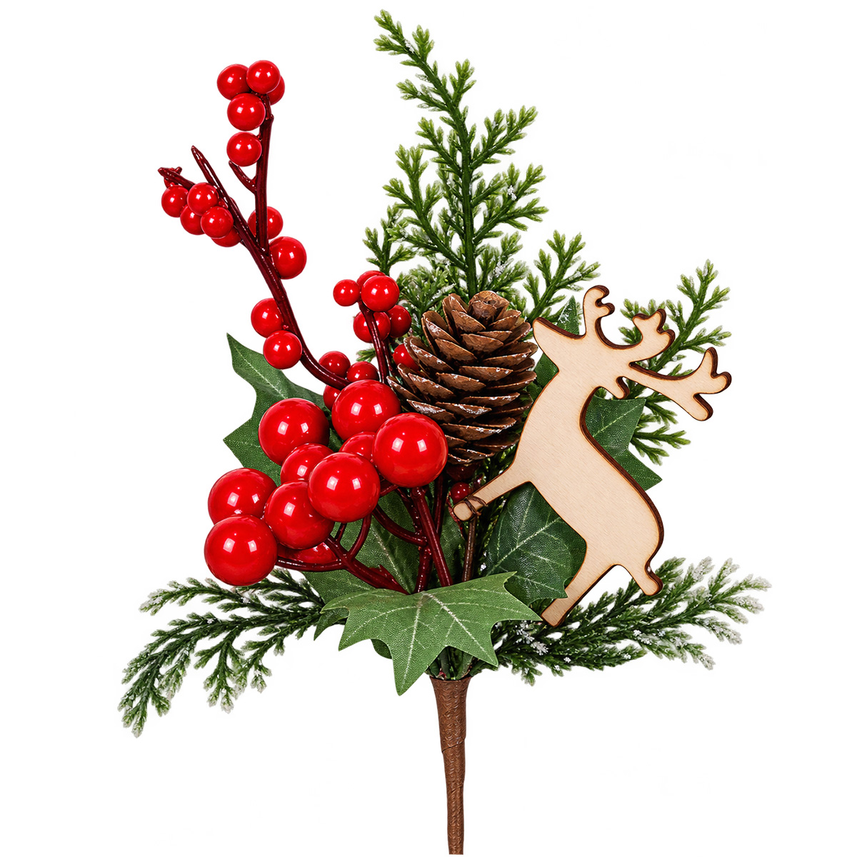 CHRISTMAS PICK WITH RED BERRIES & DEER 25 CM