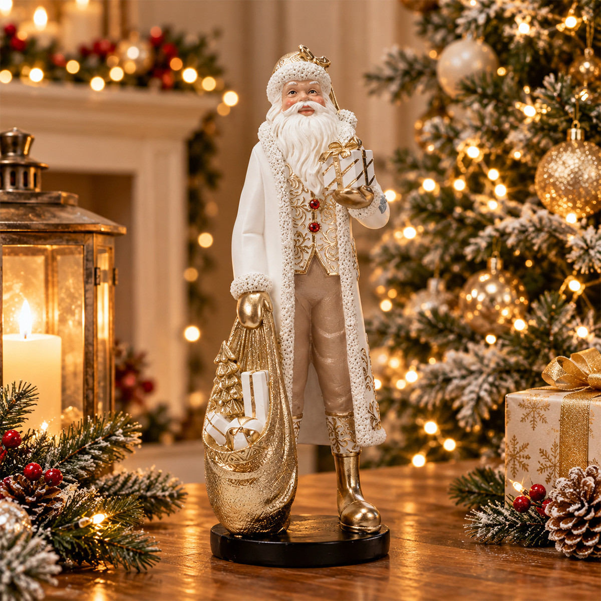 LIGHT-UP CHRISTMAS SANTA FIGURE WHITE WITH GIFTS POLYRESIN 13 X 11.5 X 33 CM - Image 2