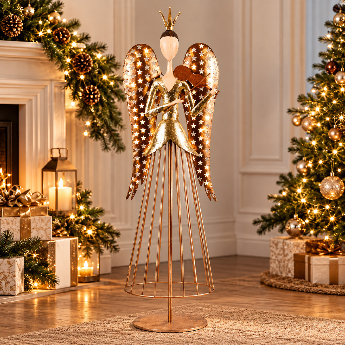 BRONZE METAL CHRISTMAS ANGEL WITH VIOLIN DECORATION, 78CM - Image 2