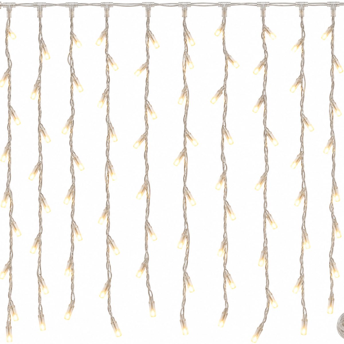 CHRISTMAS LED CURTAIN LIGHTS 240LED, 3MM, 31V, WITH TRANSFORMER, SNOWFALL PROGRAM AND MEMORY FUNCTION, TRANSPARENT PVC CABLE, WARM WHITE LED, 3M LEAD CABLE, IP44 200X100CM
