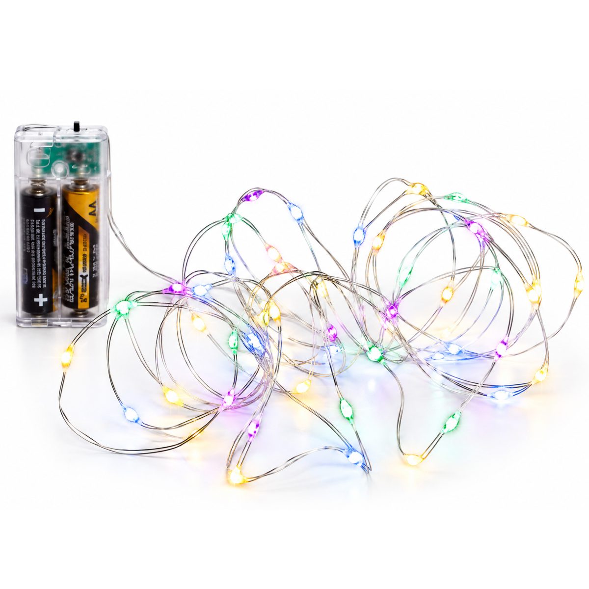 CHRISTMAS BATTERY LIGHTS 50 MINI LED WITH TIMER SILVER COPPER WIRE MULTICOLOUR OPAL LED OPERATED BY 2AA BATTERIES SPACING 10CM LEAD CABLE 10CM IP20