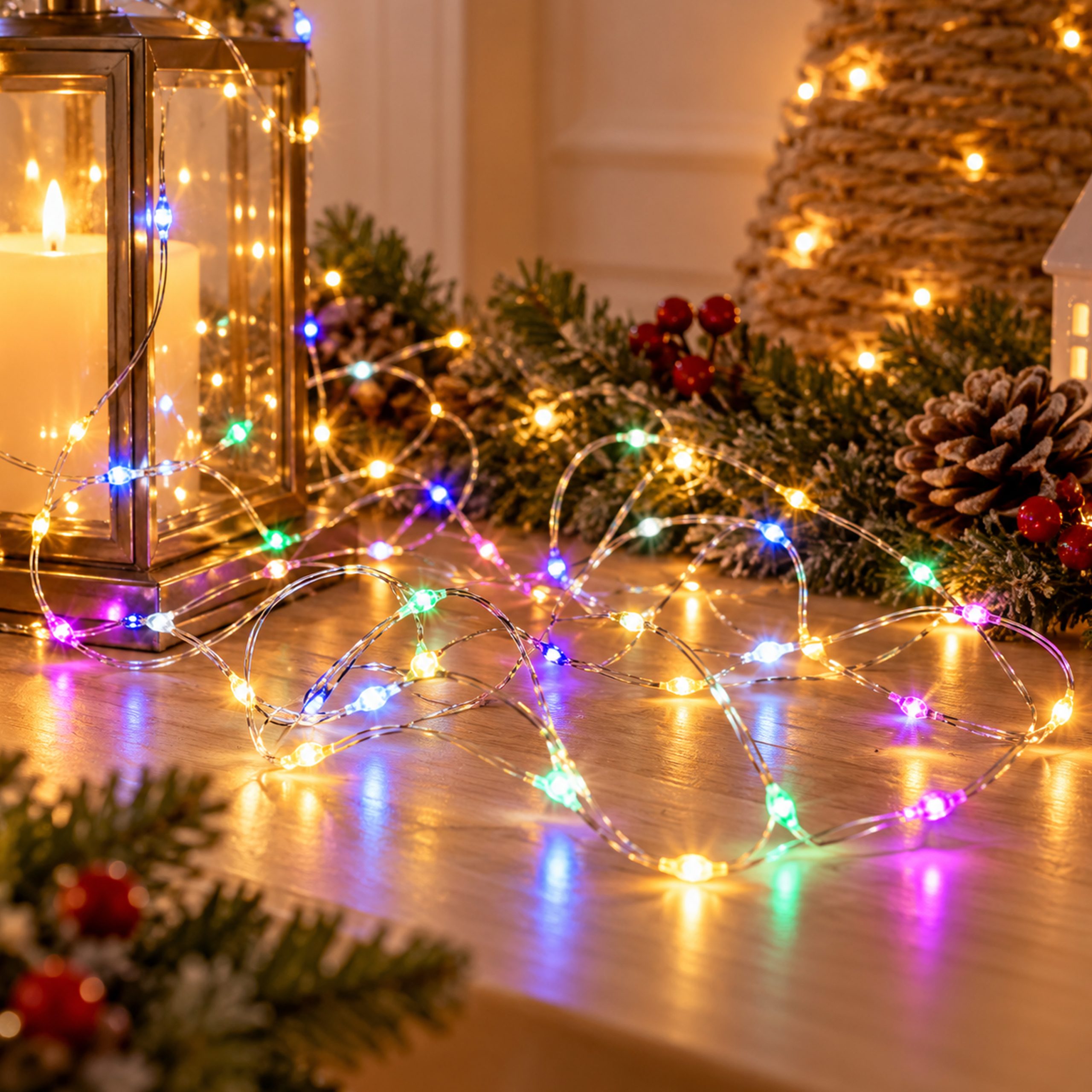 CHRISTMAS BATTERY LIGHTS 50 MINI LED WITH TIMER SILVER COPPER WIRE MULTICOLOUR OPAL LED OPERATED BY 2AA BATTERIES SPACING 10CM LEAD CABLE 10CM IP20 - Image 2