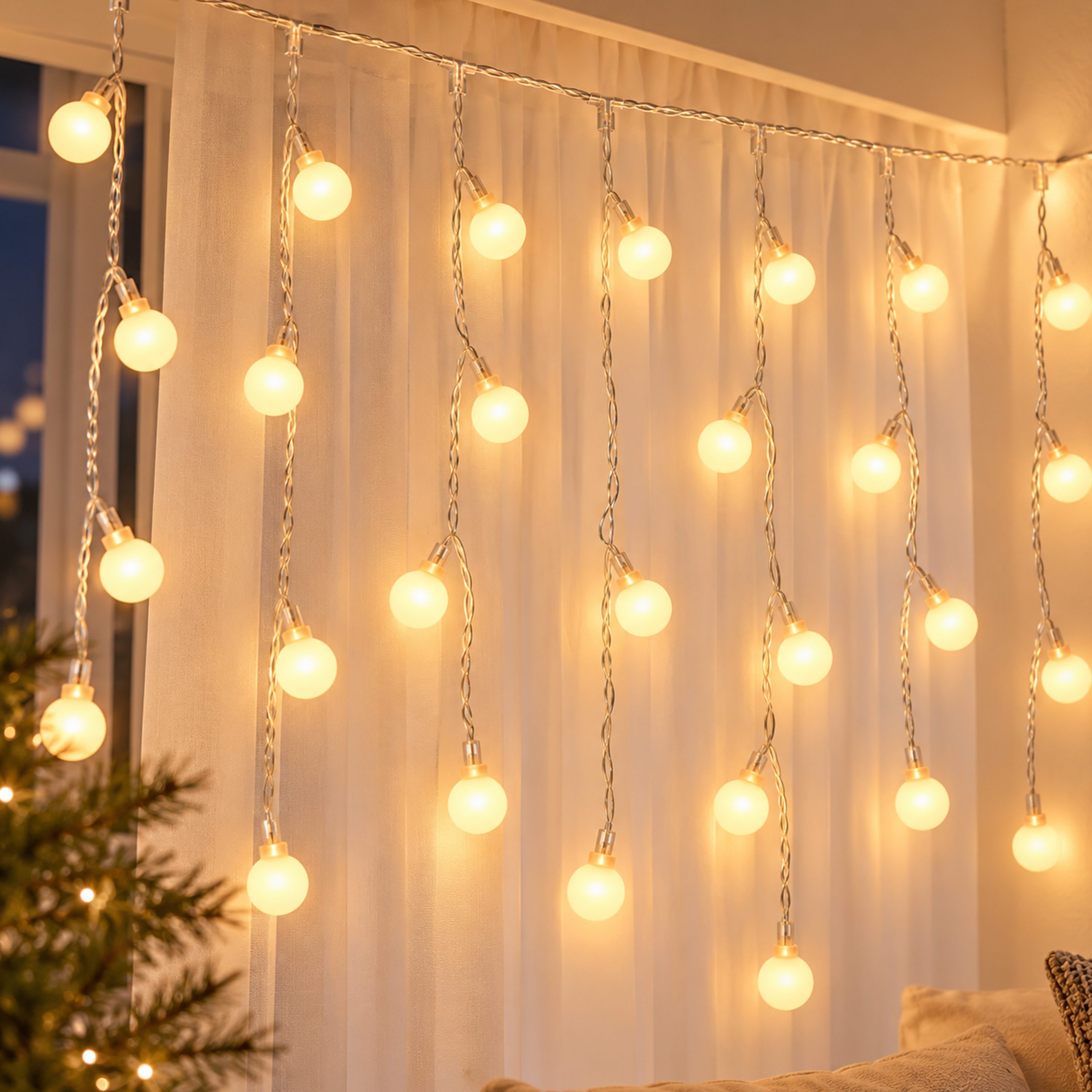 CHRISTMAS CURTAIN LIGHTS WITH 168 LED AND WHITE BALLS, WARM WHITE, IP44 80X300CM - Image 2