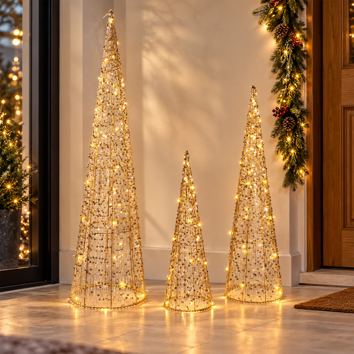 LED DECORATIVE CHRISTMAS CONE SET GOLD 40/60/80CM 3 PIECES - Image 2