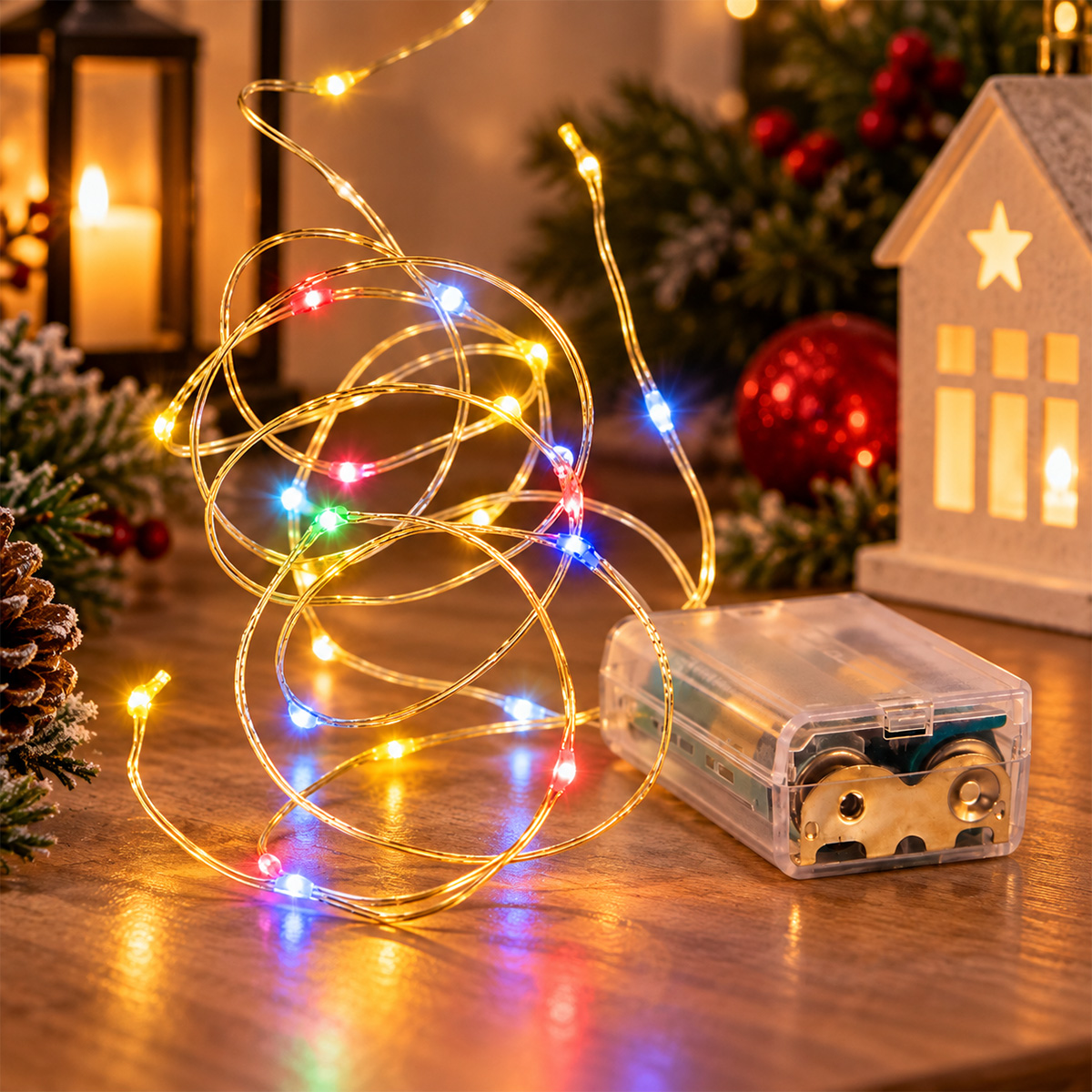 50 MINI LED BATTERY CHRISTMAS STRING LIGHTS, MULTICOLOR, SILVER COPPER CABLE - Image 2