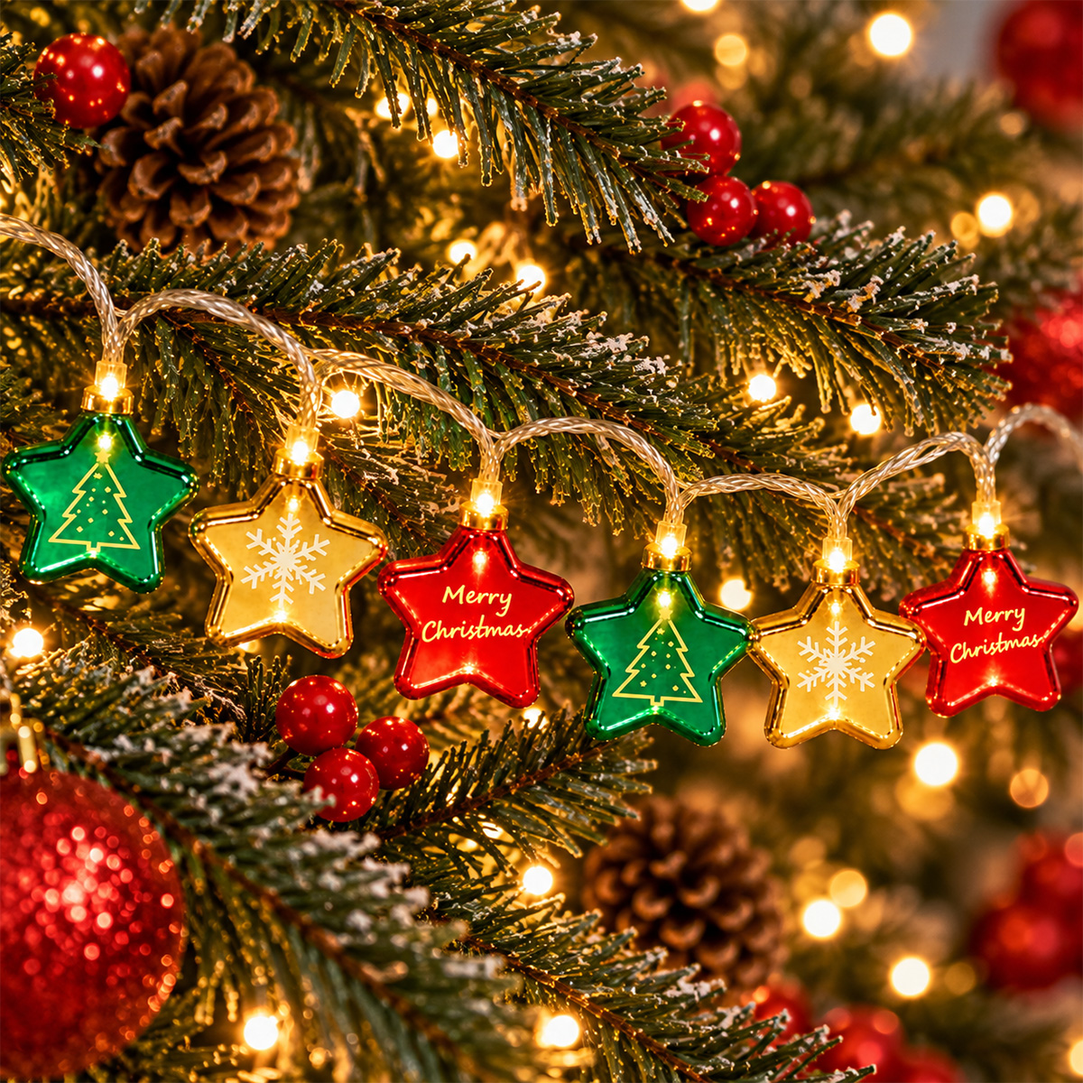 CHRISTMAS STRING LIGHTS WITH 10 LED COLOURFUL STARS BATTERY OPERATED 90 CM - Image 3