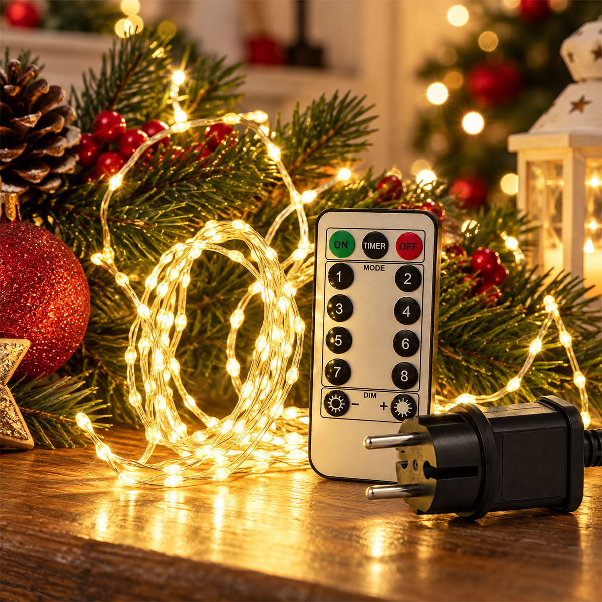 300 MINI LED CHRISTMAS STRING LIGHTS WITH REMOTE CONTROL, WARM WHITE, SILVER COPPER CABLE IP44 - Image 2