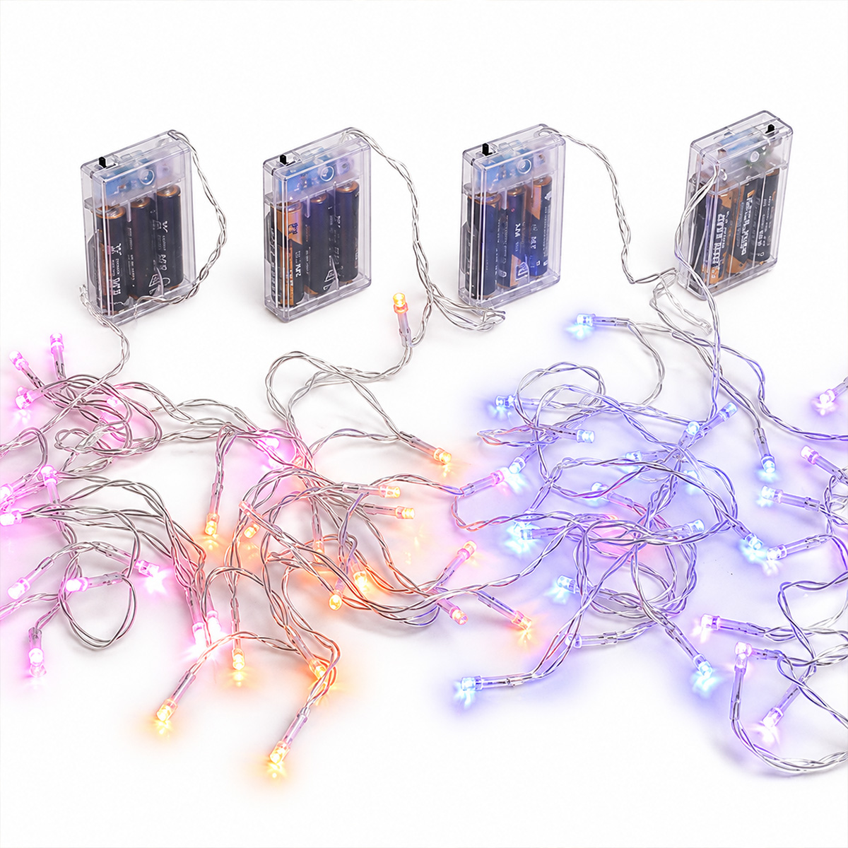 20 LED BATTERY CHRISTMAS STRING LIGHTS WITH TIMER, TRANSPARENT CABLE, ASSORTED COLOURS
