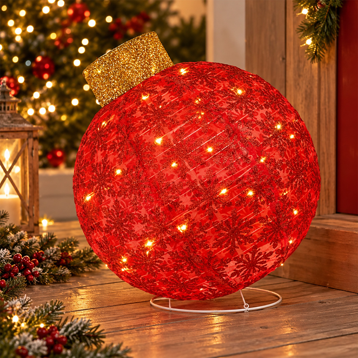 RED LIGHT-UP CHRISTMAS BAUBLE WITH BASE 100 WARM WHITE LEDS 64 X 64 X 77.5 CM IP44 - Image 2