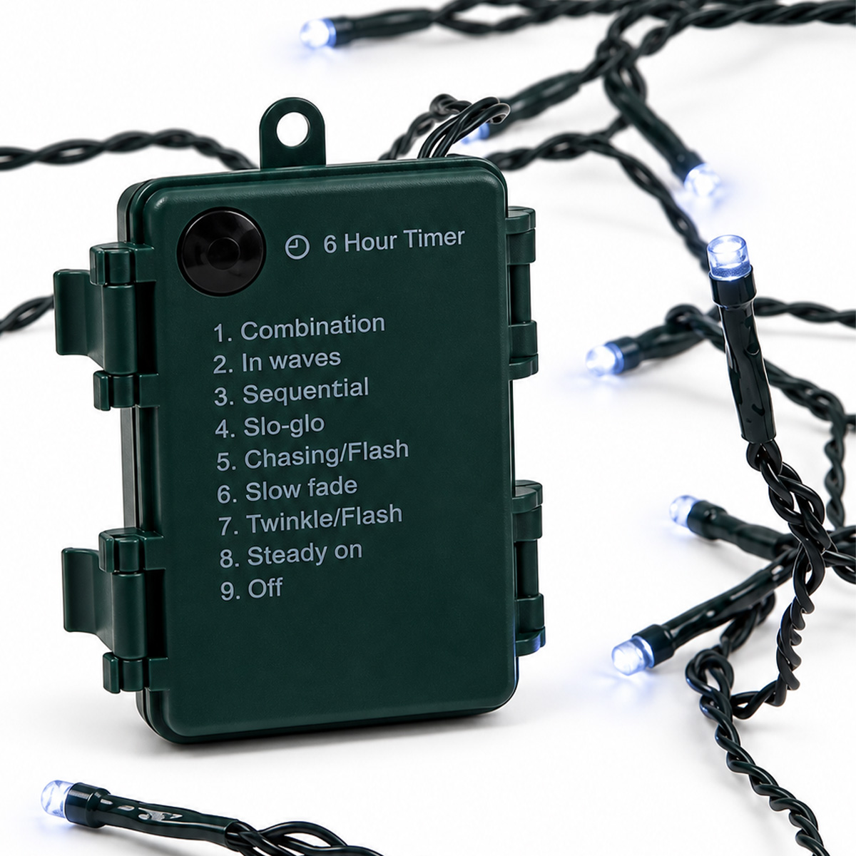 CHRISTMAS STRING LIGHTS 192 LEDS 3MM BATTERY OPERATED WITH 8 FUNCTIONS, MEMORY & TIMER, GREEN CABLE