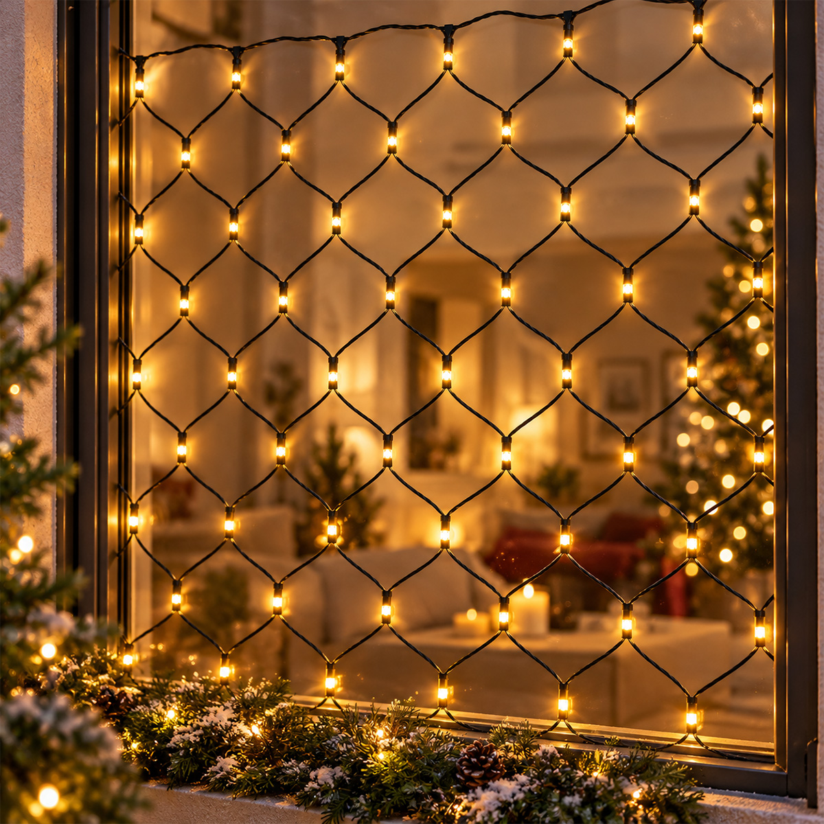CHRISTMAS NET LIGHTS 240 WARM WHITE LED 3MM, 36V ADAPTOR, CONNECTABLE UP TO 3 SETS, GREEN PVC CABLE, 150X200CM, 3M POWER LEAD, IP44 - Image 2