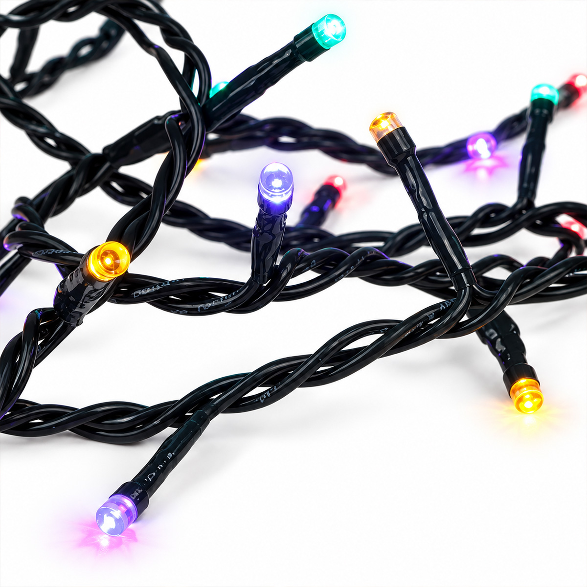 CHRISTMAS STRING LIGHTS 300 MULTICOLOUR LEDS 3MM WITH 8 FUNCTIONS & MEMORY, GREEN PVC CABLE 14.95M, 31V ADAPTOR IP44