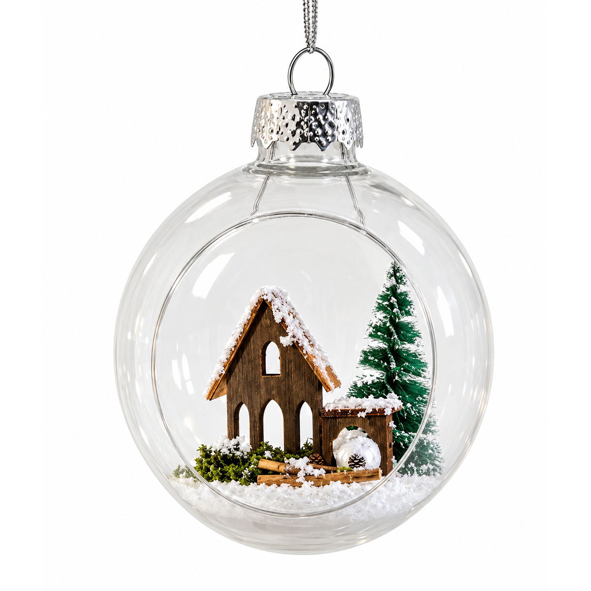 CHRISTMAS BALL 8CM TRANSPARENT WITH WOODEN DECOR