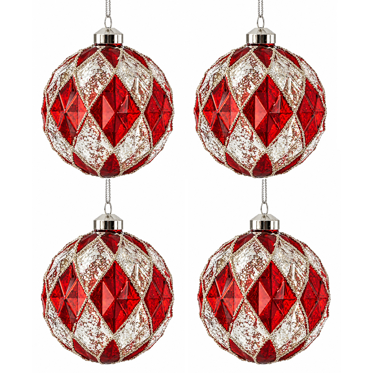 CHRISTMAS BALL RED/SILVER EMBOSSED GLASS 4PCS 10CM